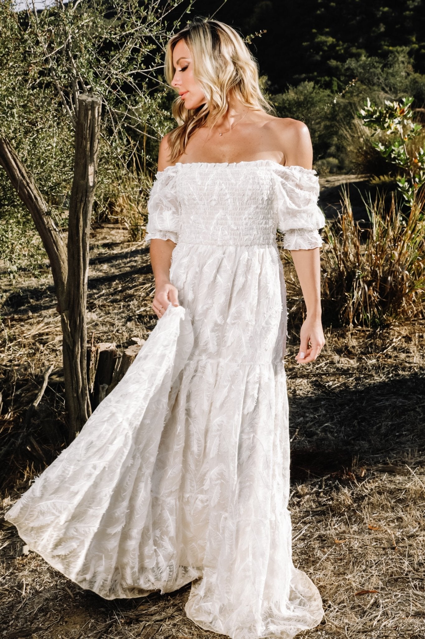 Baltic Born Womens Paloma Smocked Feather Maxi Dress | Off White