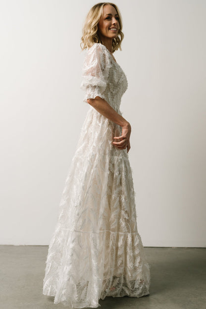 Paloma Smocked Feather Maxi Dress | Off White - Baltic Born