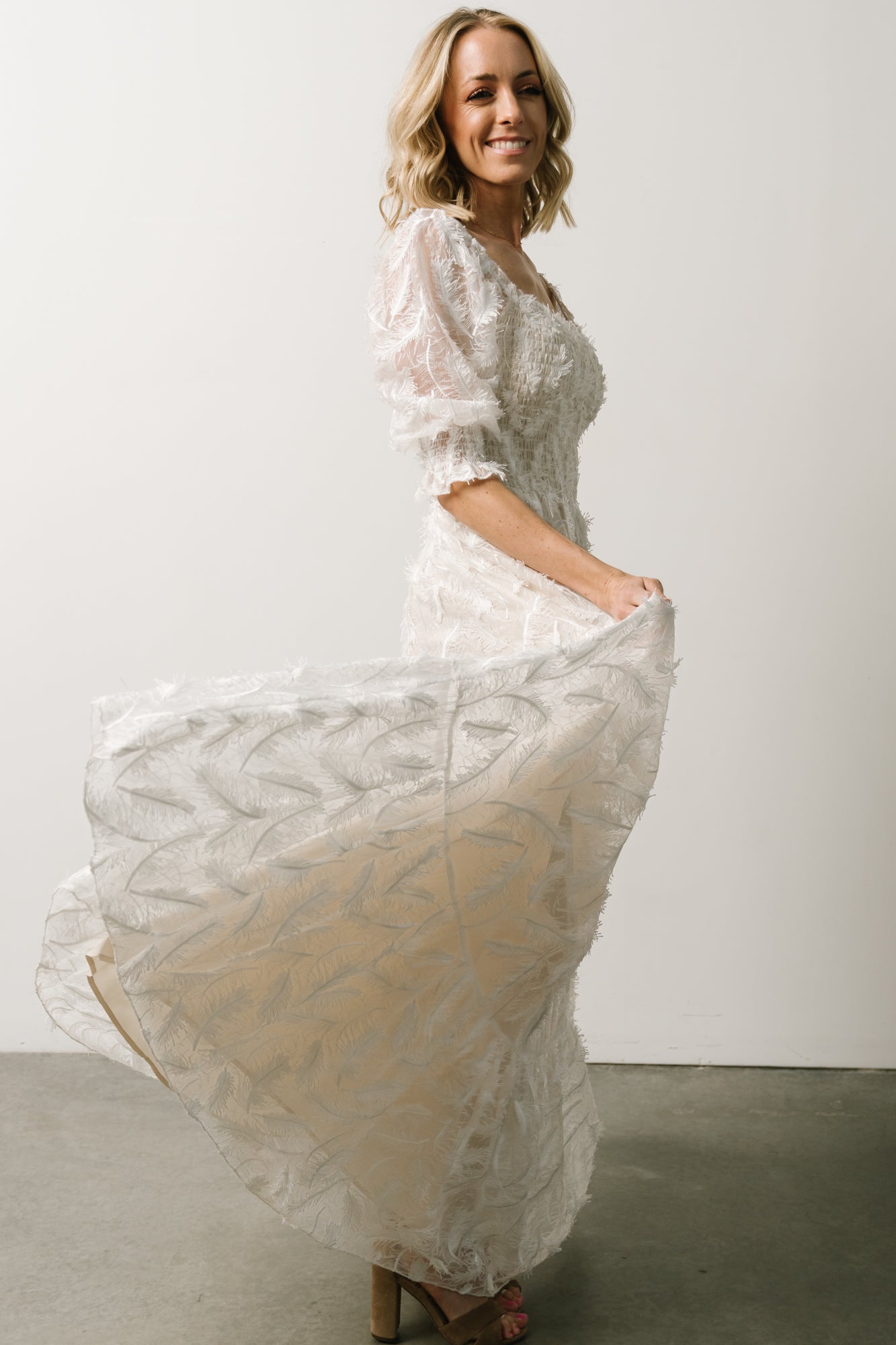 Paloma Smocked Feather Maxi Dress | Off White - Baltic Born