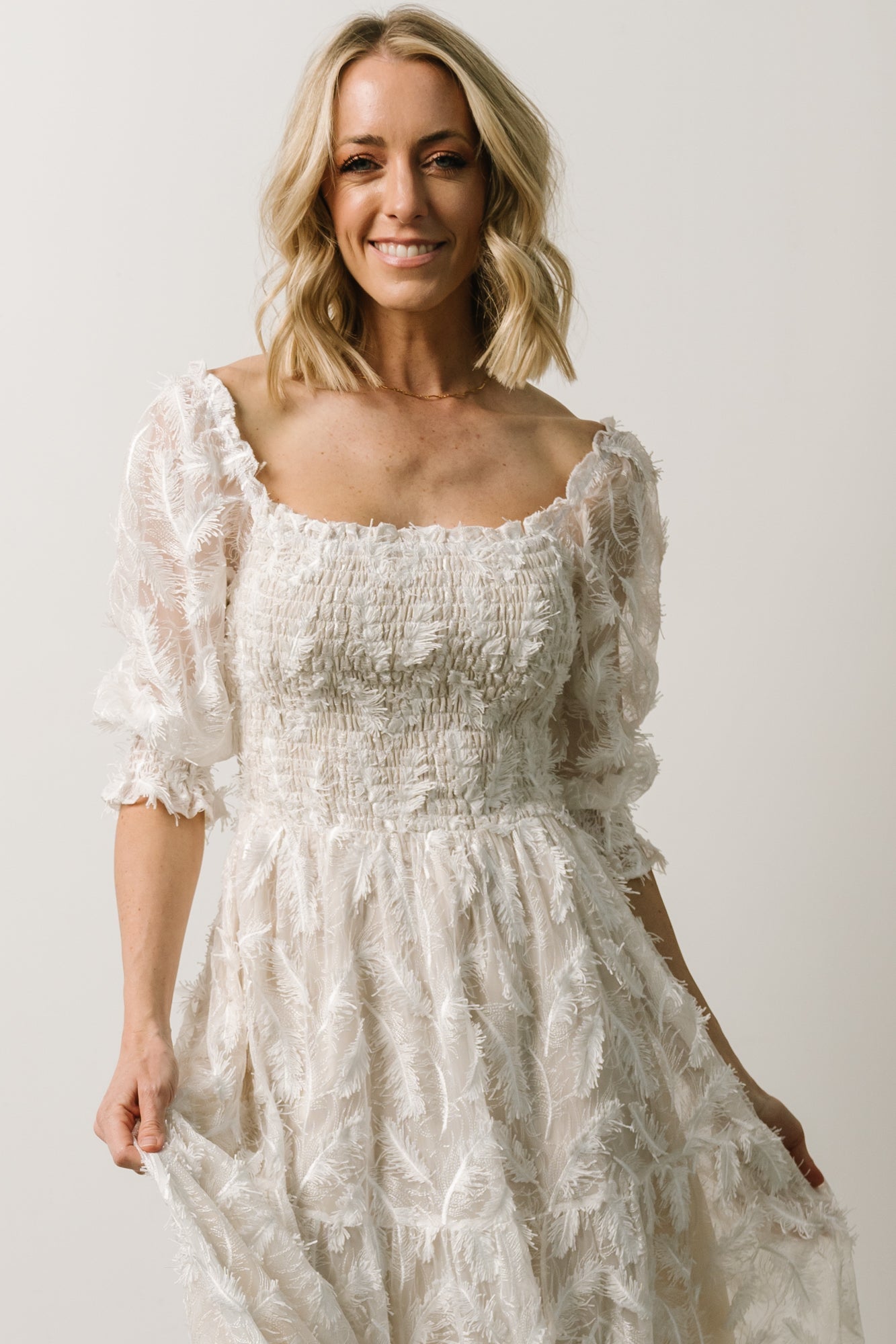 Paloma Smocked Feather Maxi Dress | Off White - Baltic Born