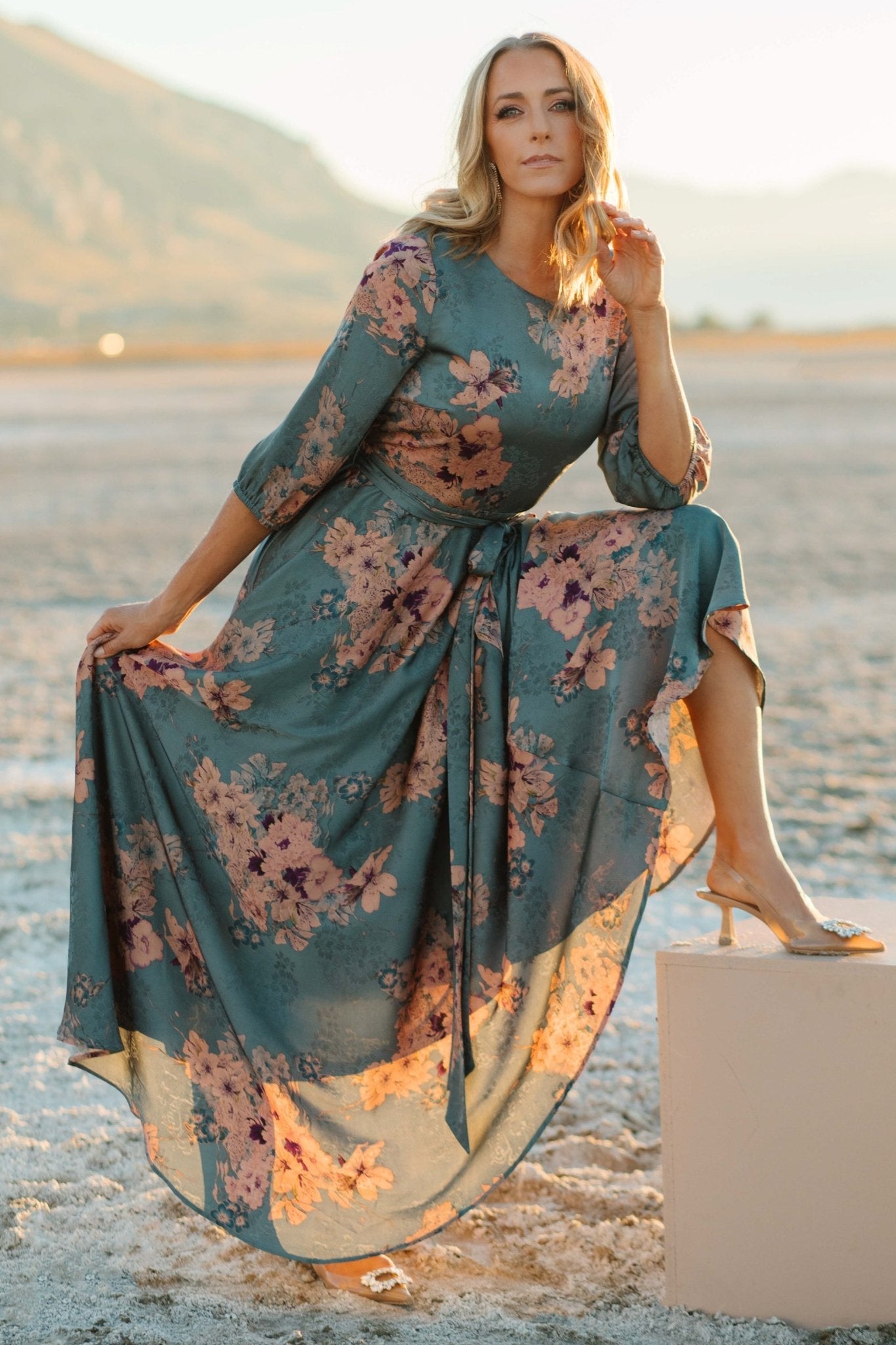 Paula Satin Maxi Dress | Blue + Pink Multi - Baltic Born