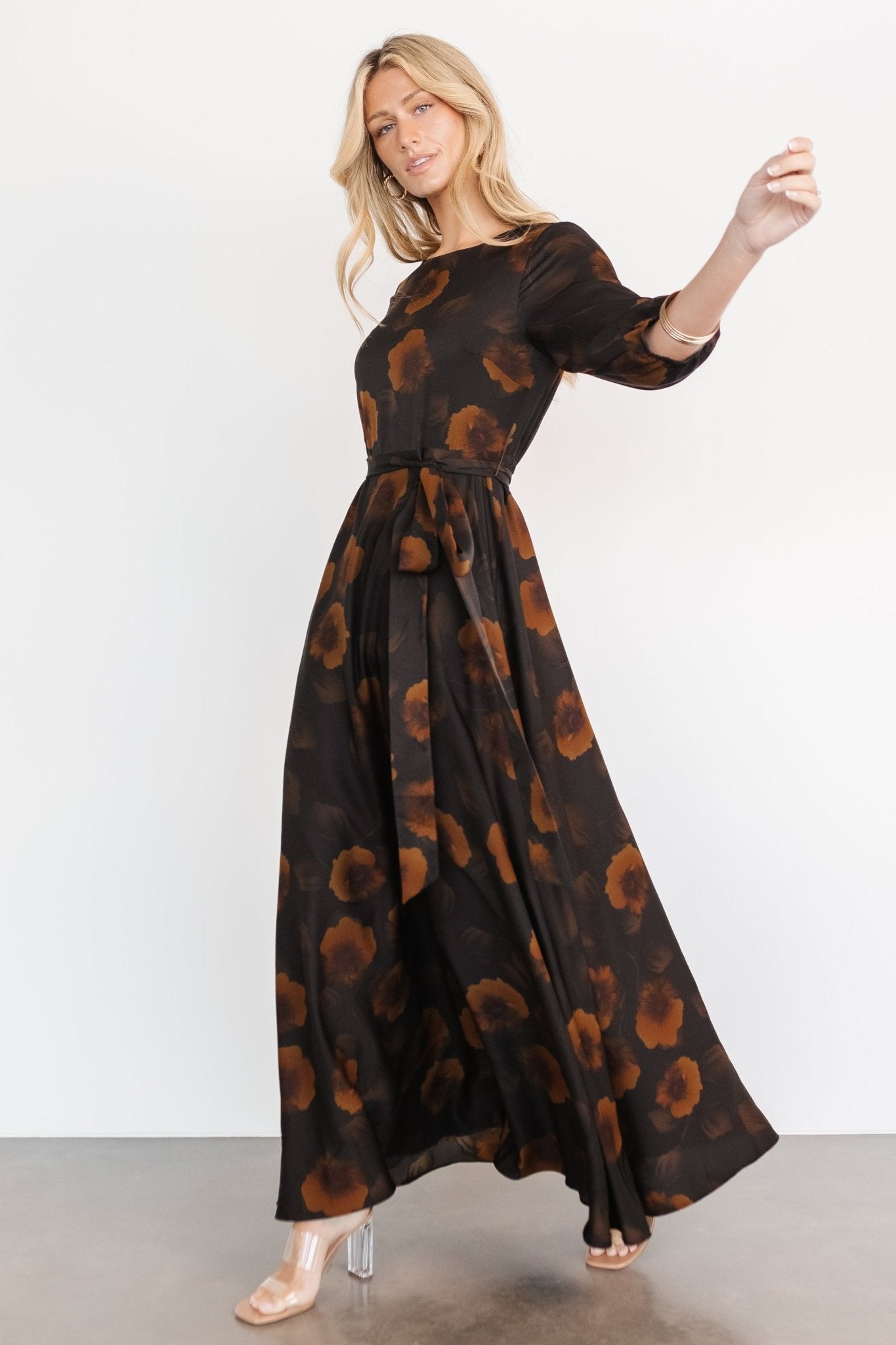 Paula Satin Maxi Dress | Deep Brown Floral - Baltic Born