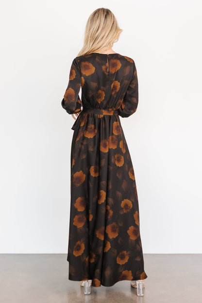 Paula Satin Maxi Dress | Deep Brown Floral - Baltic Born