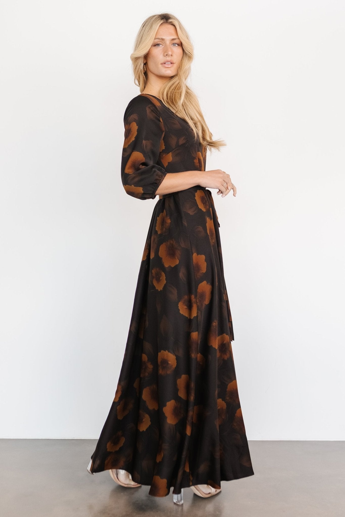 Paula Satin Maxi Dress | Deep Brown Floral - Baltic Born