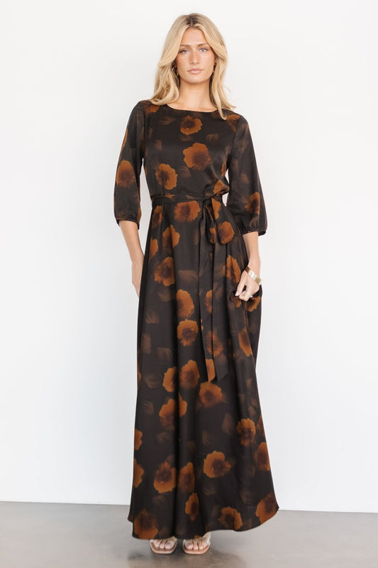 Paula Satin Maxi Dress | Deep Brown Floral - Baltic Born