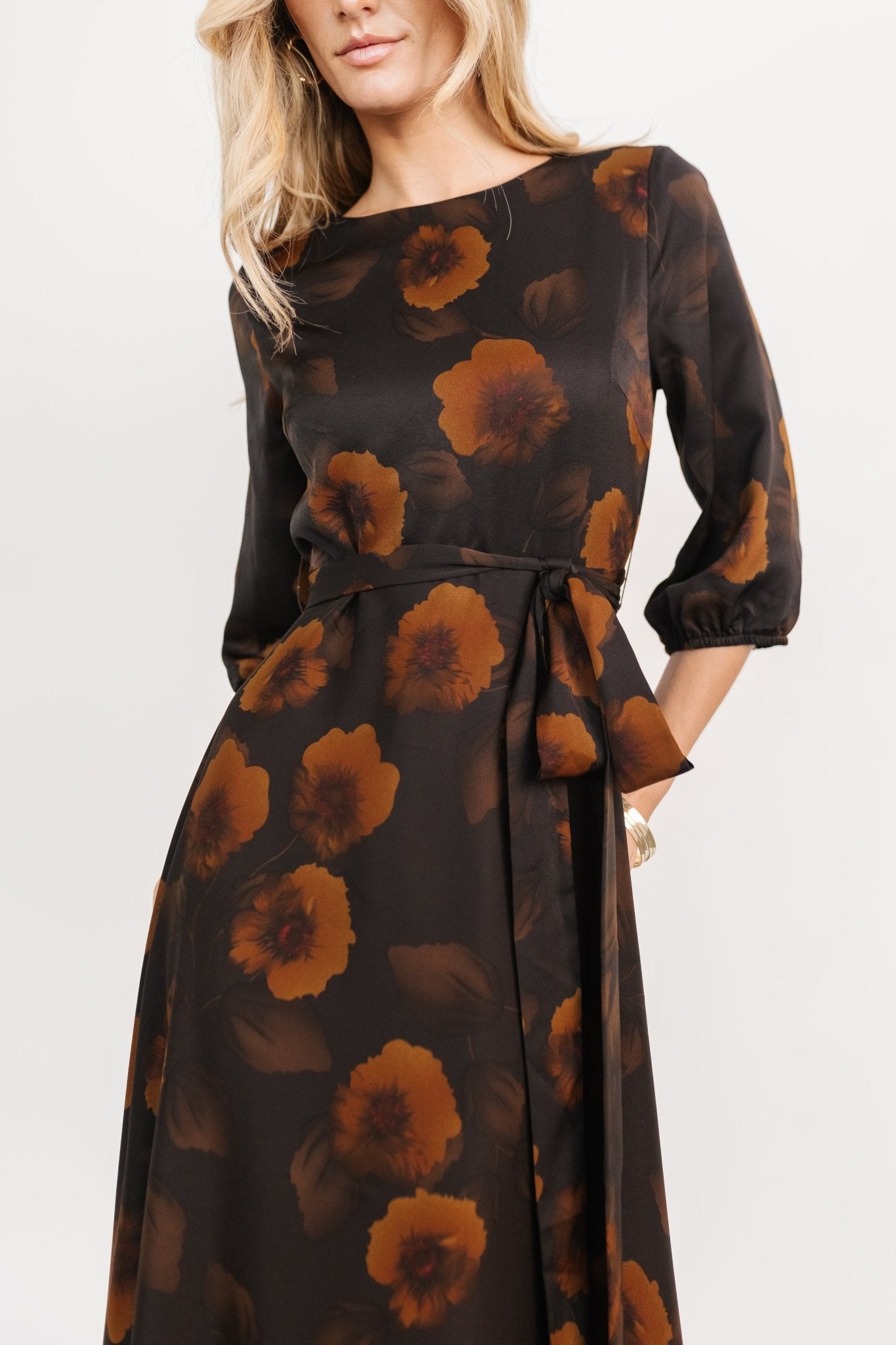 Paula Satin Maxi Dress | Deep Brown Floral - Baltic Born