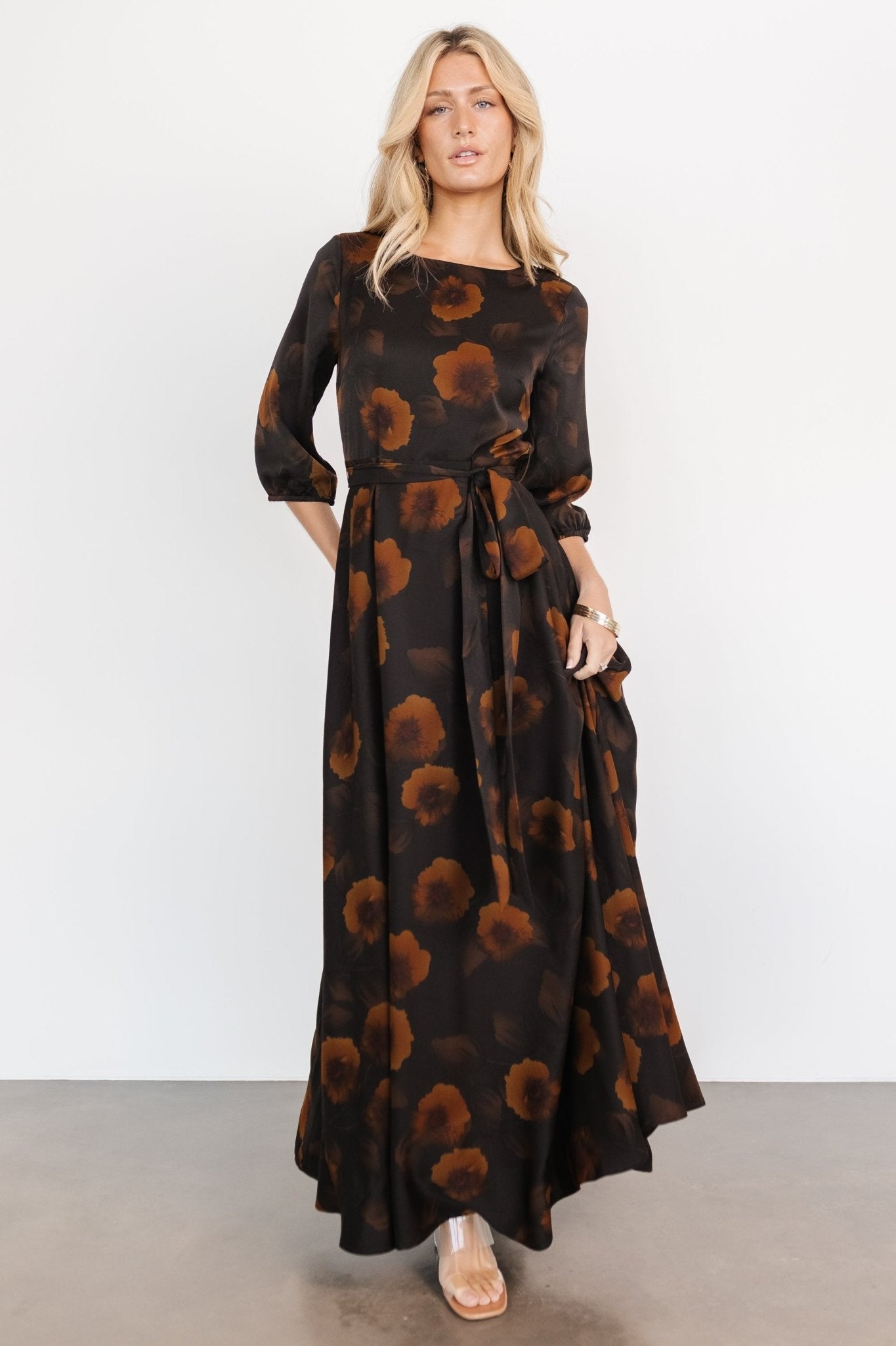 Paula Satin Maxi Dress | Deep Brown Floral - Baltic Born