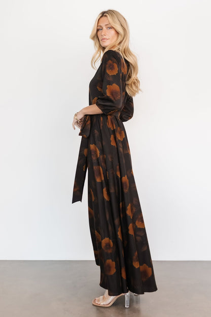 Paula Satin Maxi Dress | Deep Brown Floral - Baltic Born