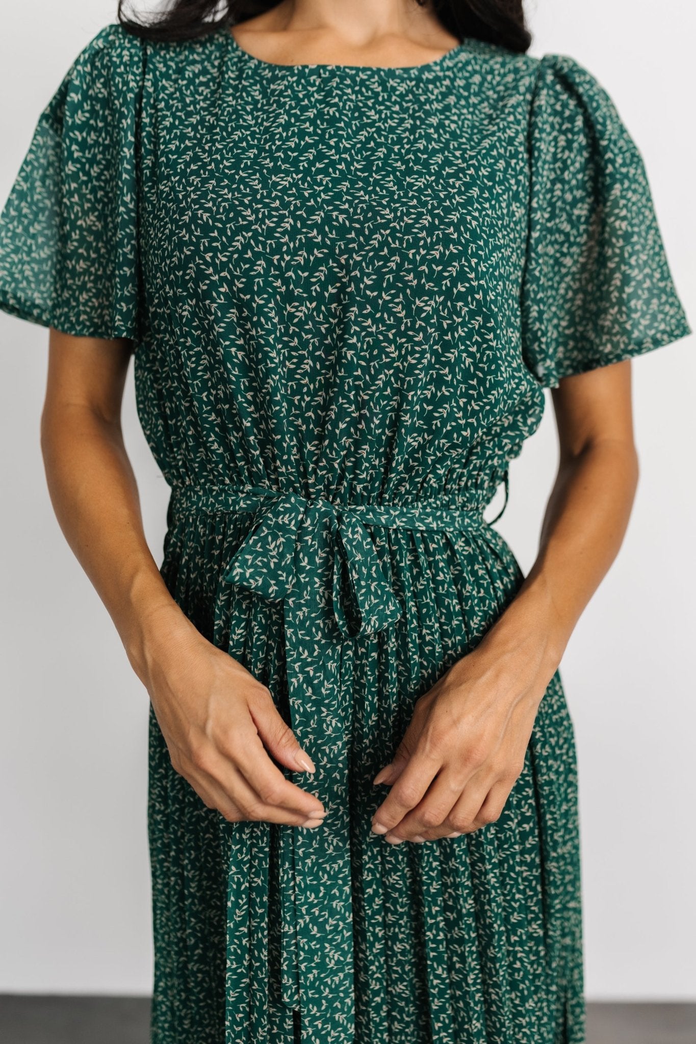 Prim Pleated Midi Dress - Green Floral Chiffon | Baltic Born 1XL Prim Pleated Midi Dress - Green Floral Chiffon | Baltic Born 1XL