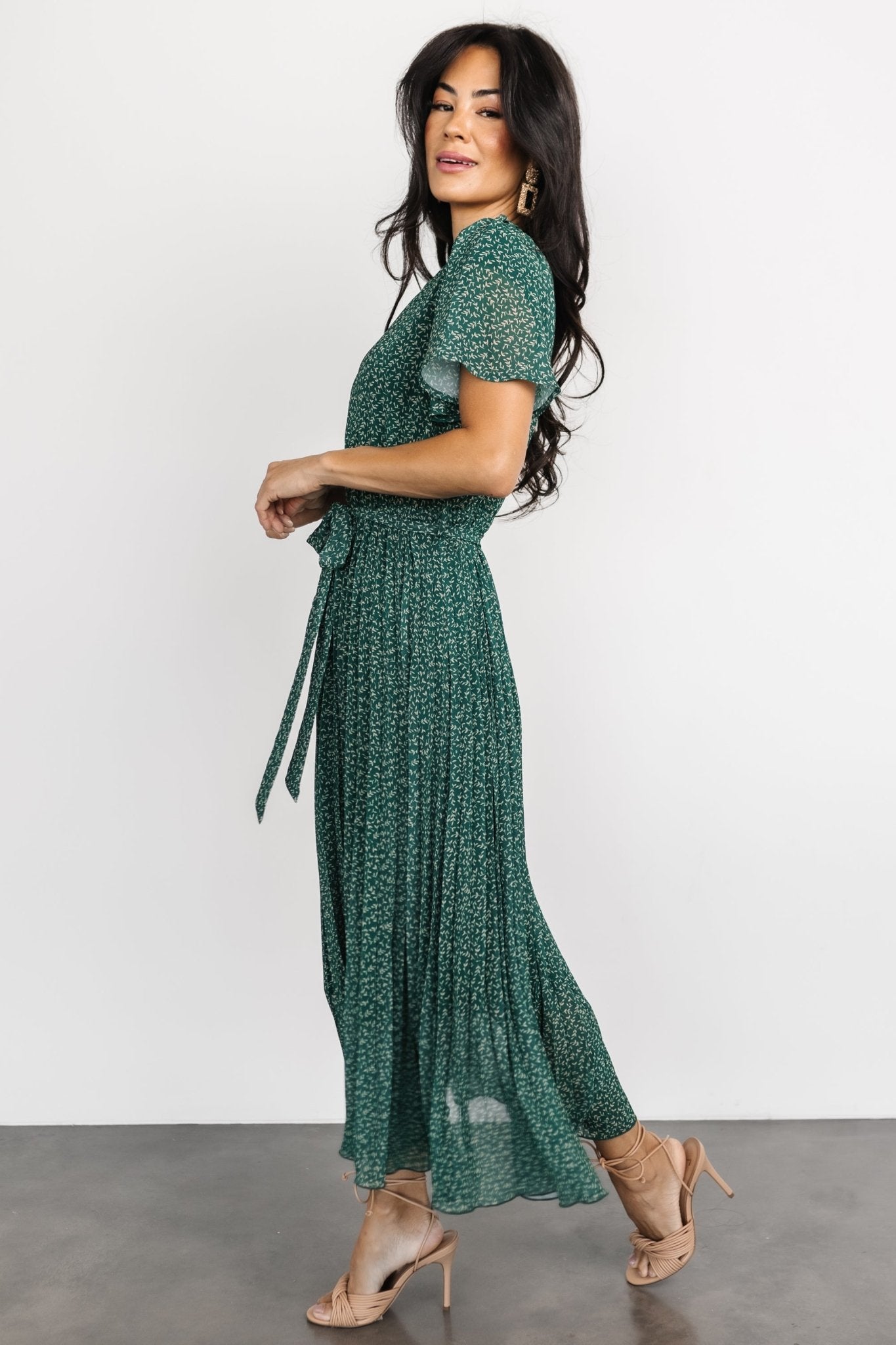 Prim Pleated Midi Dress - Green Floral Chiffon | Baltic Born 1XL Prim Pleated Midi Dress - Green Floral Chiffon | Baltic Born 1XL