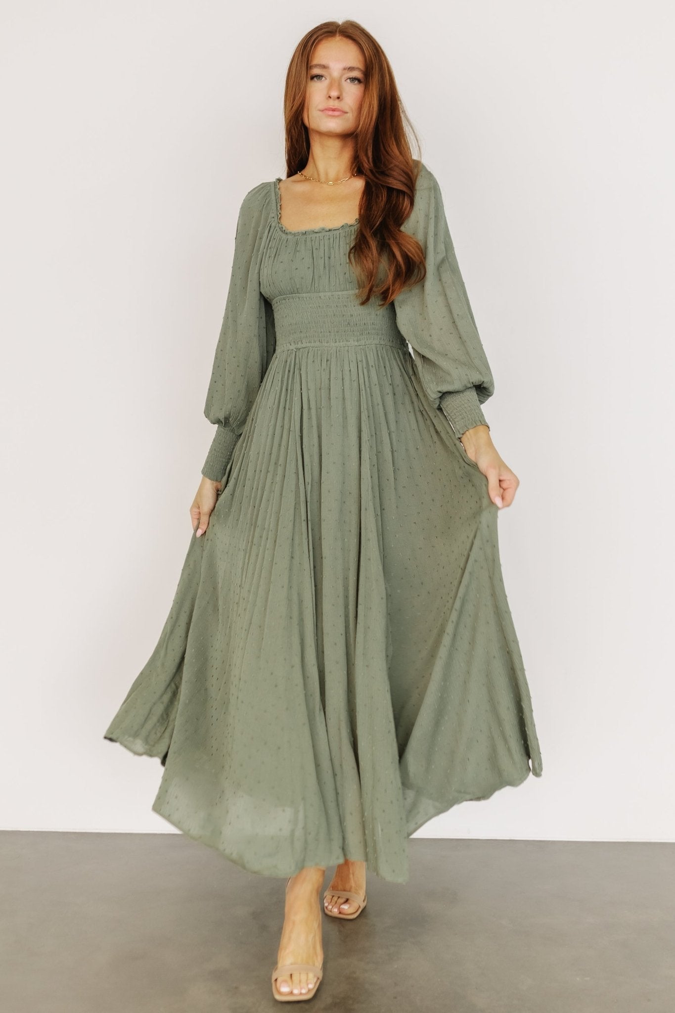 Renata Dot Maxi Dress | Dusty Olive - Baltic Born