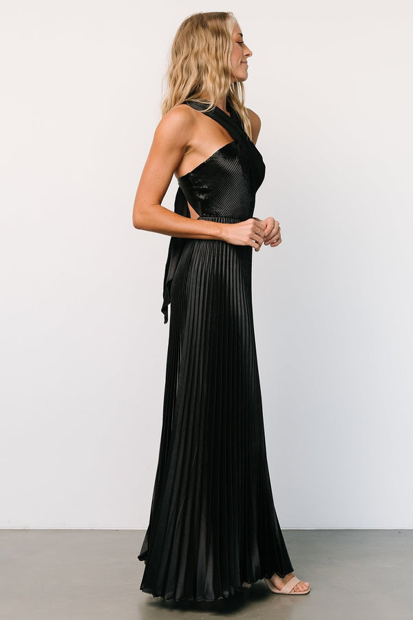 Sandra Pleated Maxi Dress — Black Halter Maxi