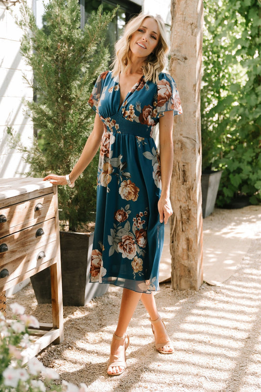 Sarah Smocked Midi Dress | Blue Floral - Baltic Born