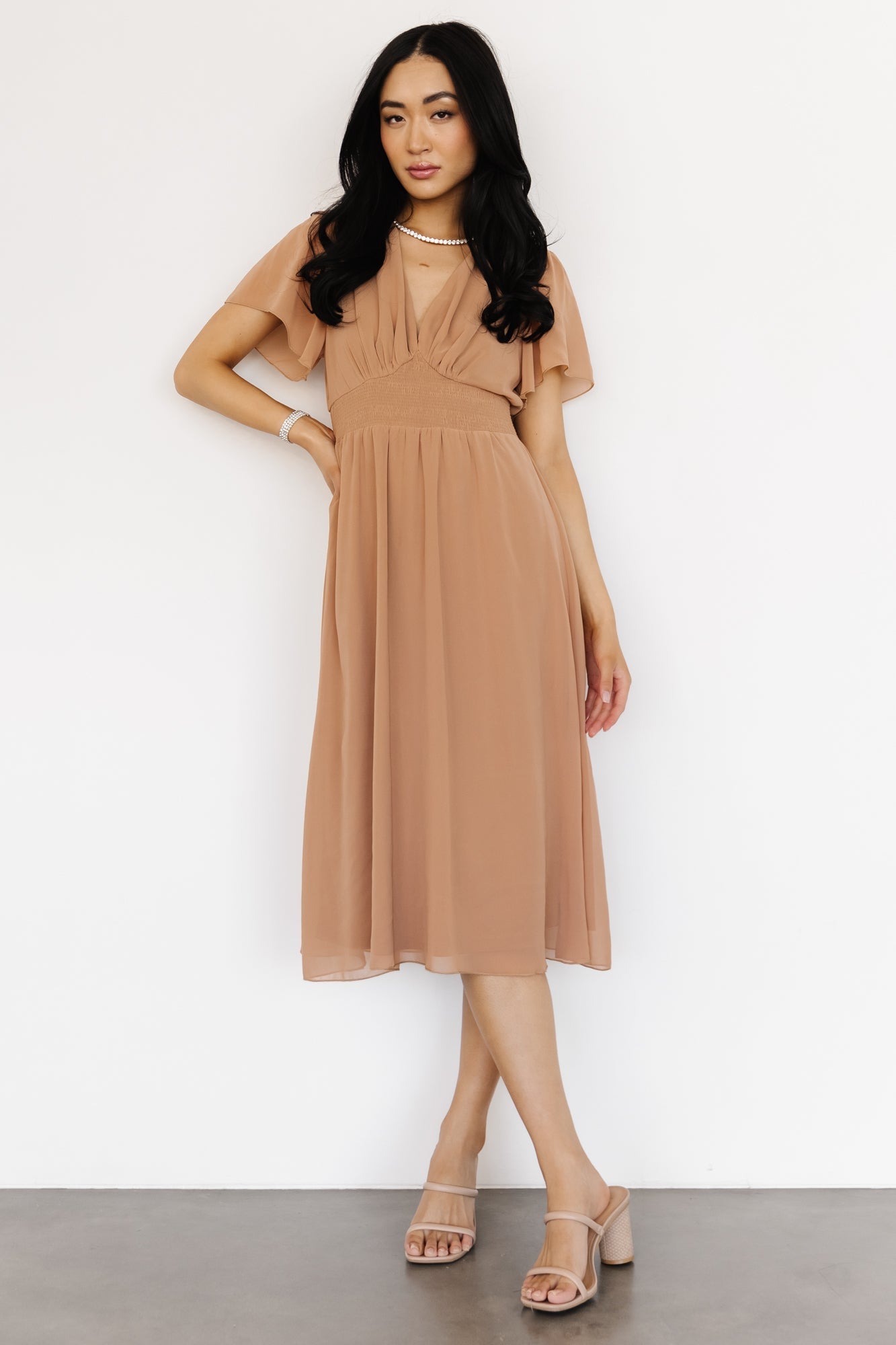 Sarah Smocked Midi Dress | Dusty Camel - Baltic Born