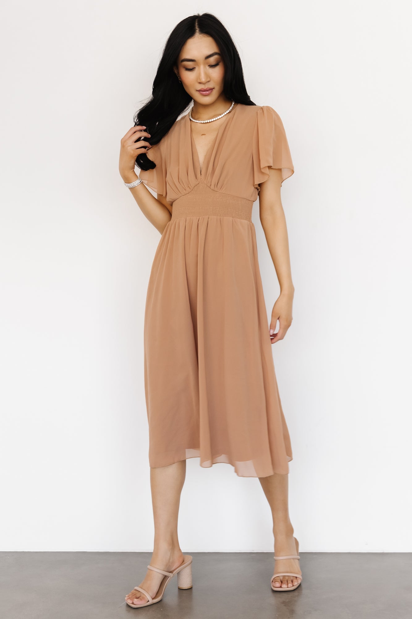 Sarah Smocked Midi Dress | Dusty Camel - Baltic Born