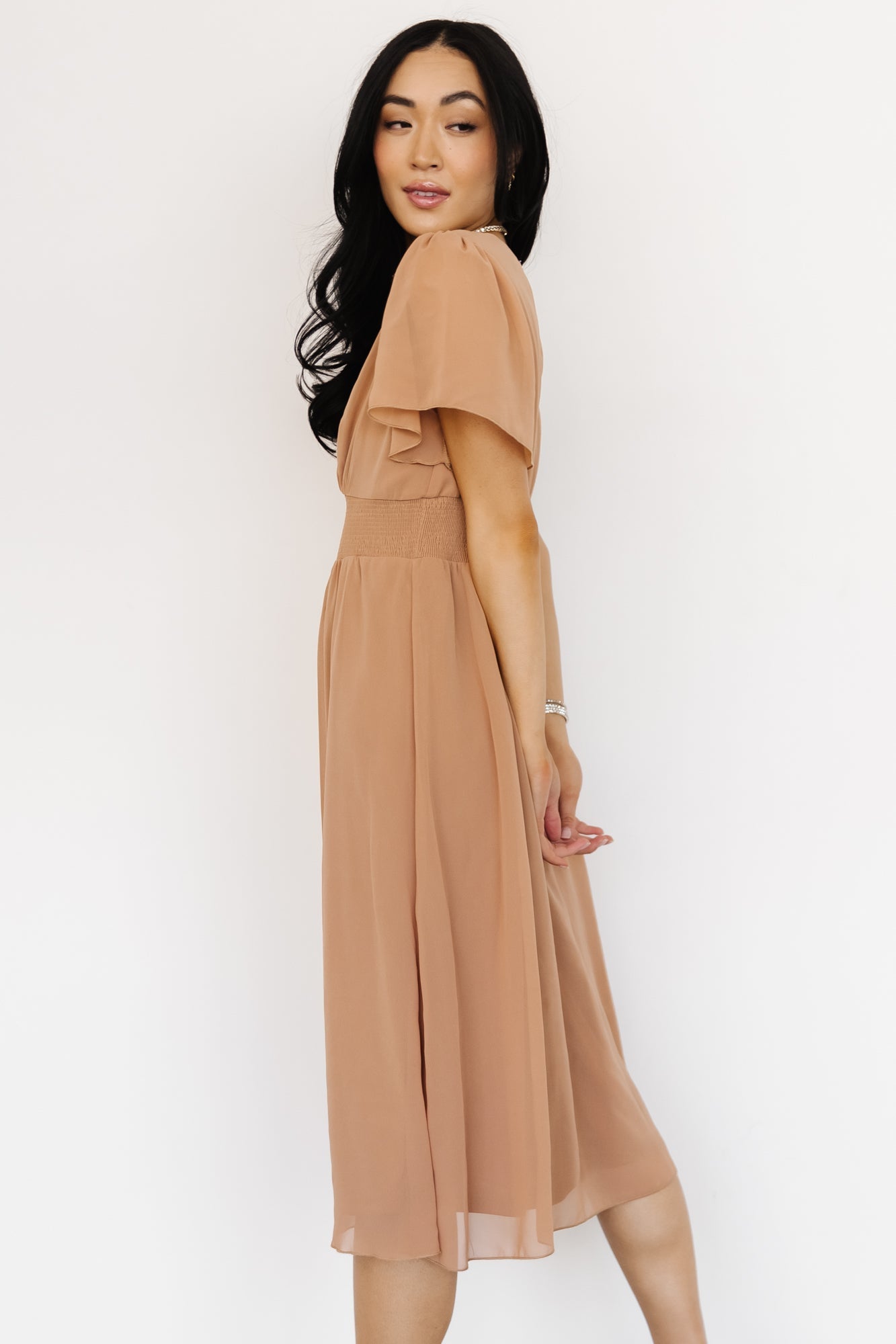 Sarah Smocked Midi Dress | Dusty Camel - Baltic Born