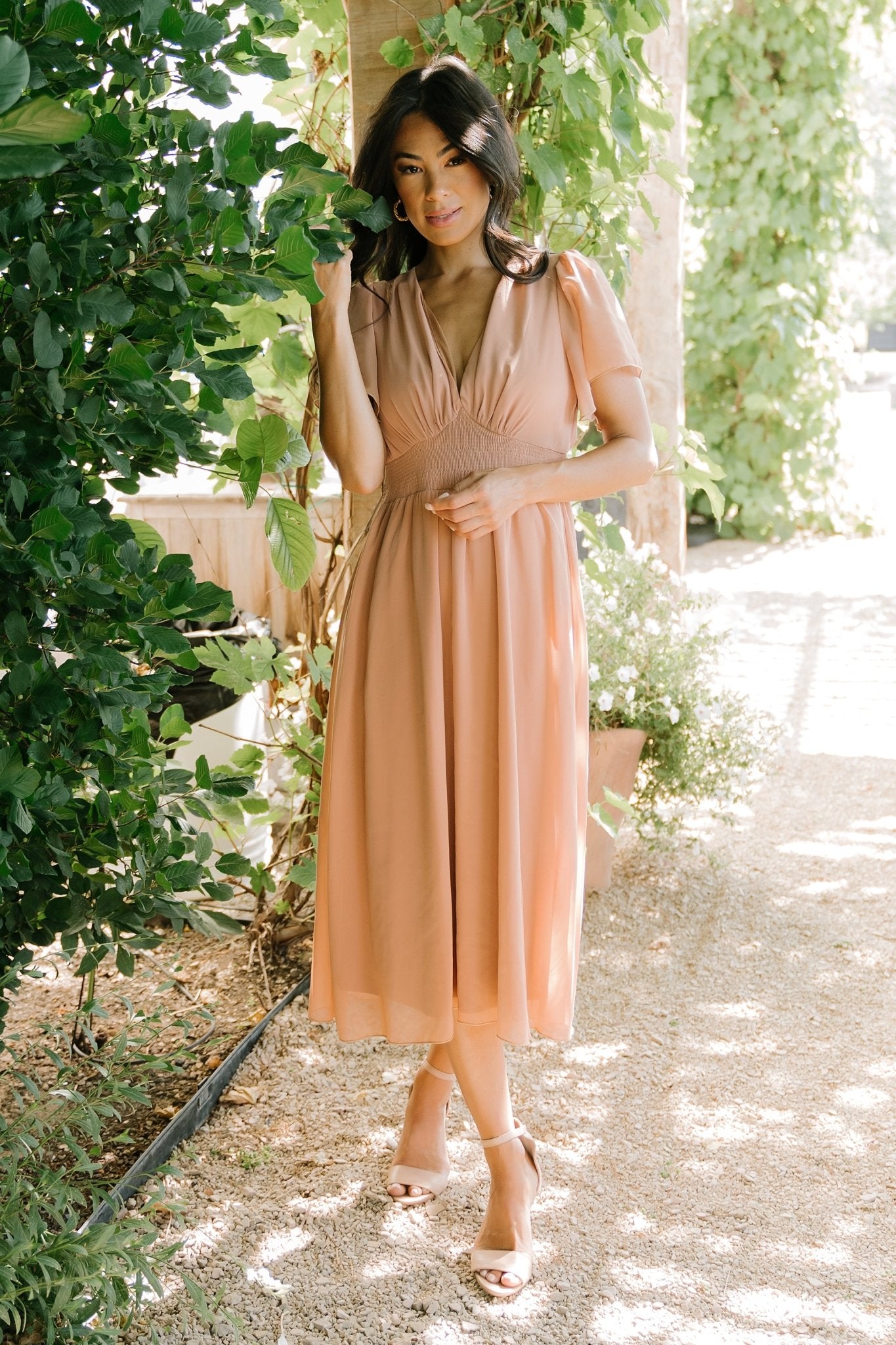 Sarah Smocked Midi Dress | Dusty Camel - Baltic Born