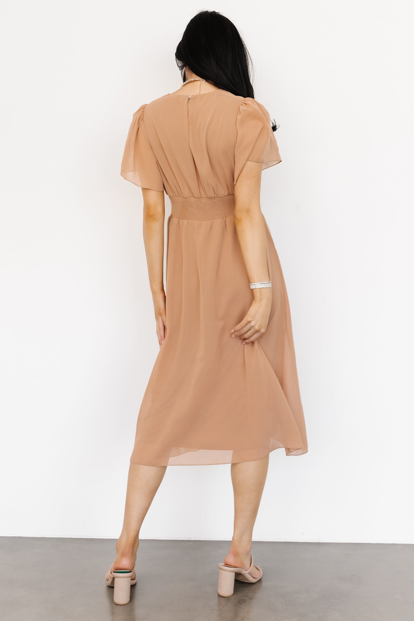 Sarah Smocked Midi Dress | Dusty Camel - Baltic Born