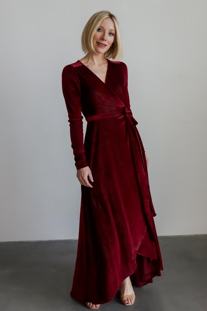 Serena Shimmer Velvet Wrap Dress | Merlot - Baltic Born