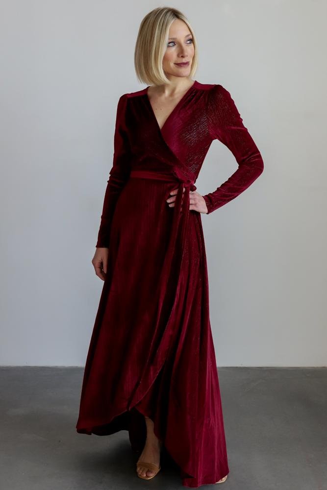 Serena Shimmer Velvet Wrap Dress | Merlot - Baltic Born