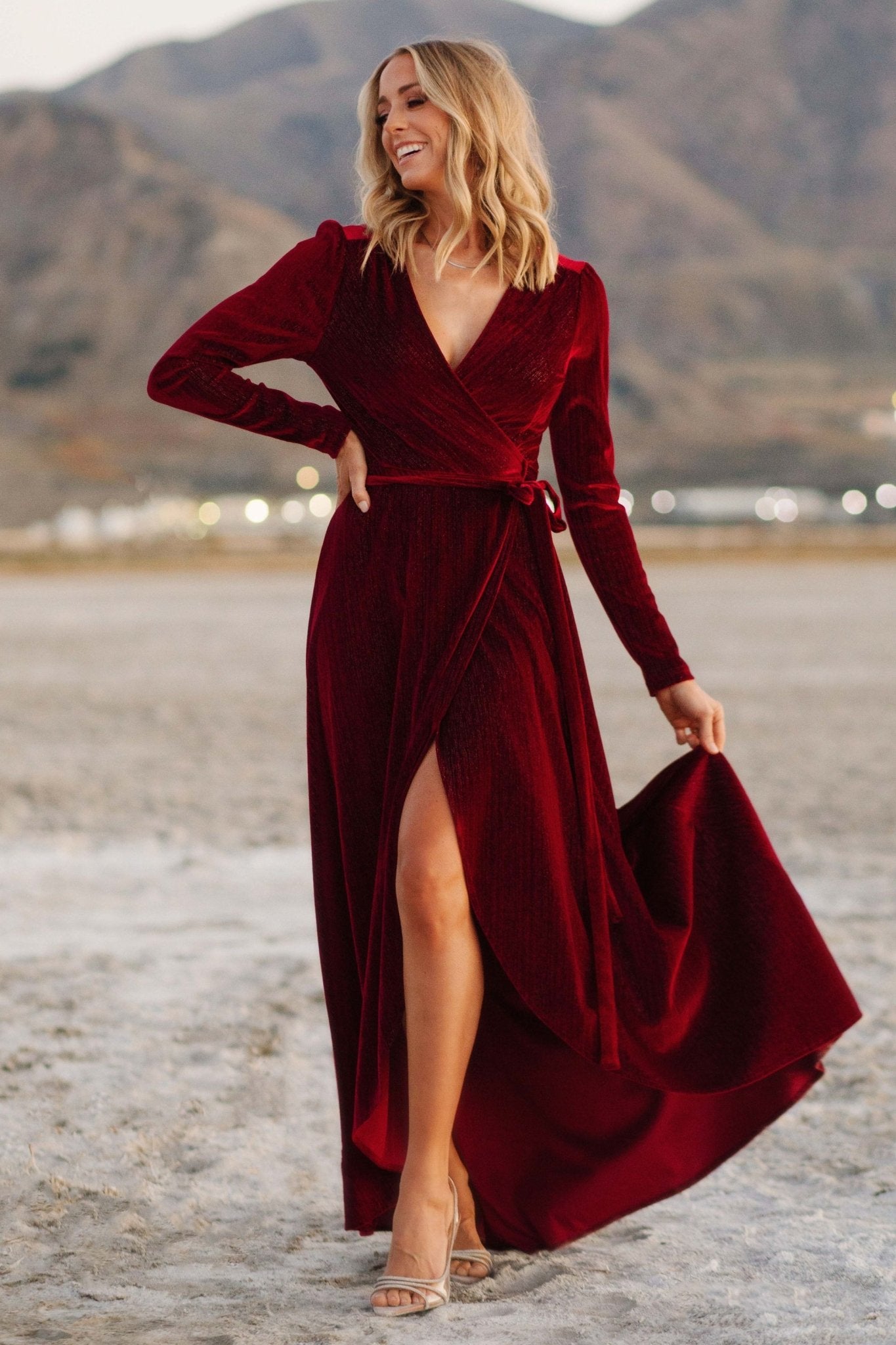 Serena Shimmer Velvet Wrap Dress | Merlot - Baltic Born