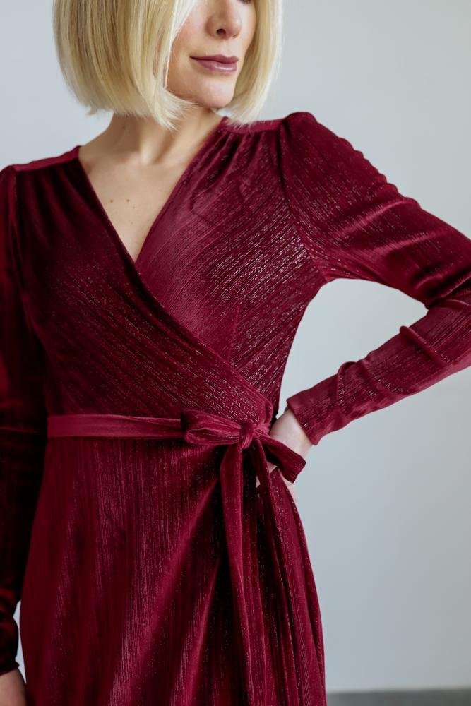 Serena Shimmer Velvet Wrap Dress | Merlot - Baltic Born