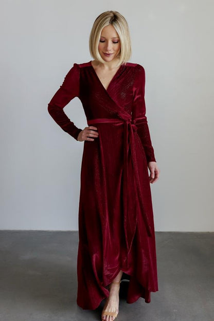 Serena Shimmer Velvet Wrap Dress | Merlot - Baltic Born