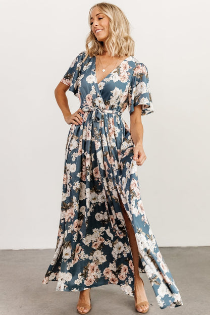 Sicily Satin Maxi Dress | Blue Floral - Baltic Born