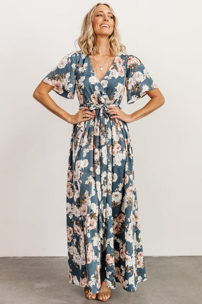 Sicily Satin Maxi Dress | Blue Floral - Baltic Born