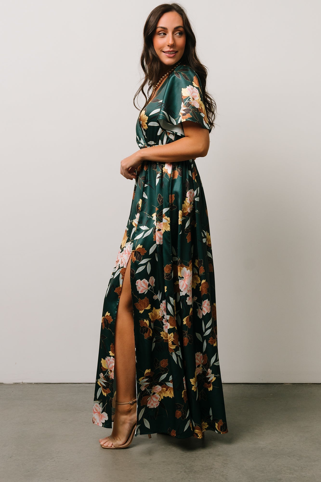 Sicily Satin Maxi Dress Dark Green Floral