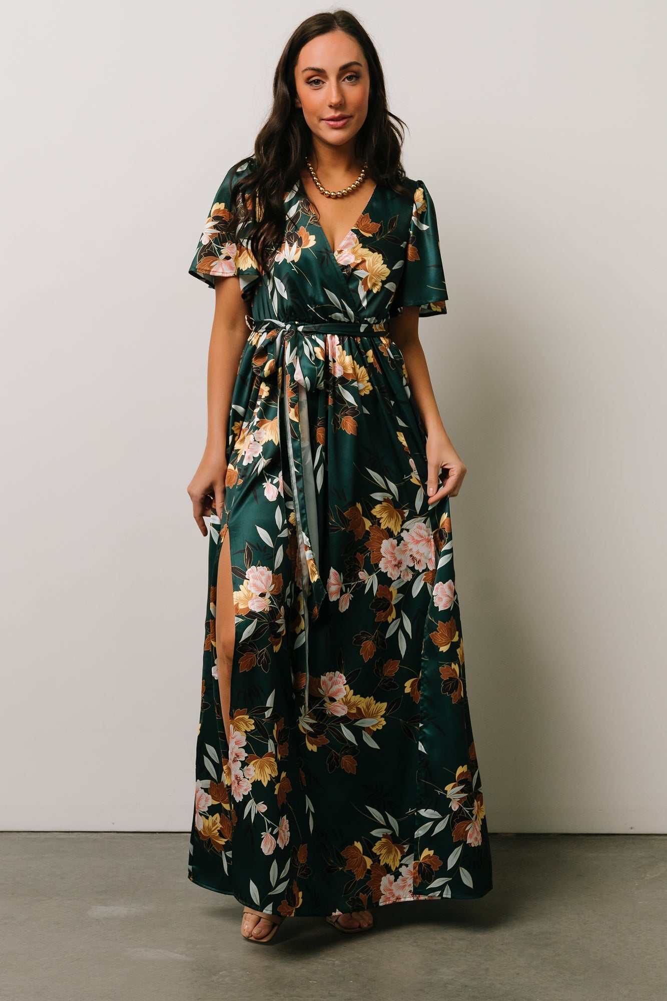 Sicily Satin Maxi Dress | Dark Green Floral | Baltic Born