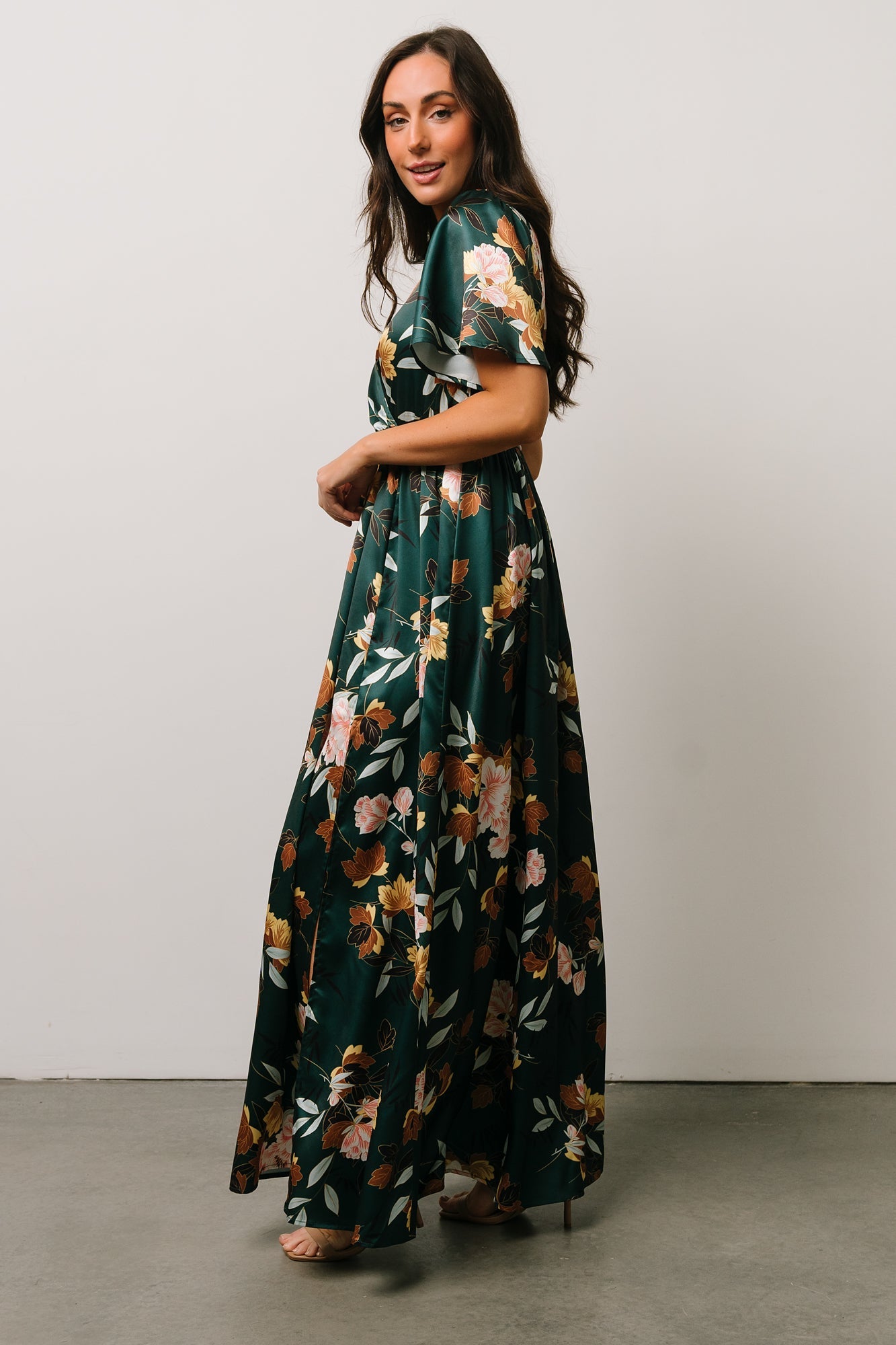 Sicily Satin Maxi Dress | Dark Green Floral | Baltic Born
