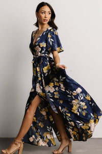 Sicily Satin Maxi Dress | Navy Floral | Baltic Born