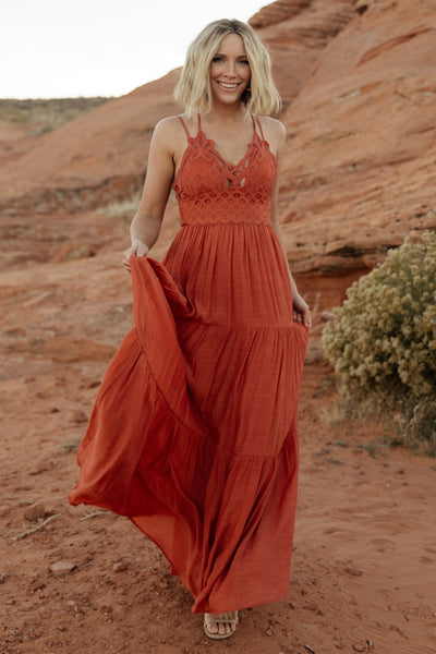 Baltic Born Womens Summerlin Lace Top Maxi Dress | Rust