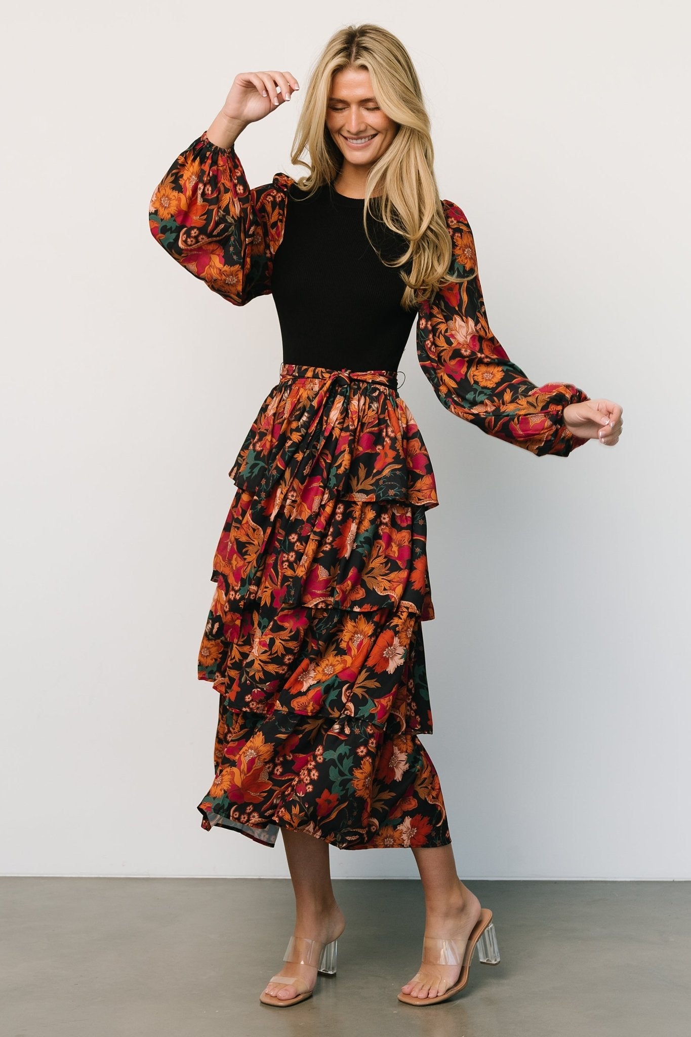 Sylvie Tiered Midi Dress | Black Multi - Baltic Born