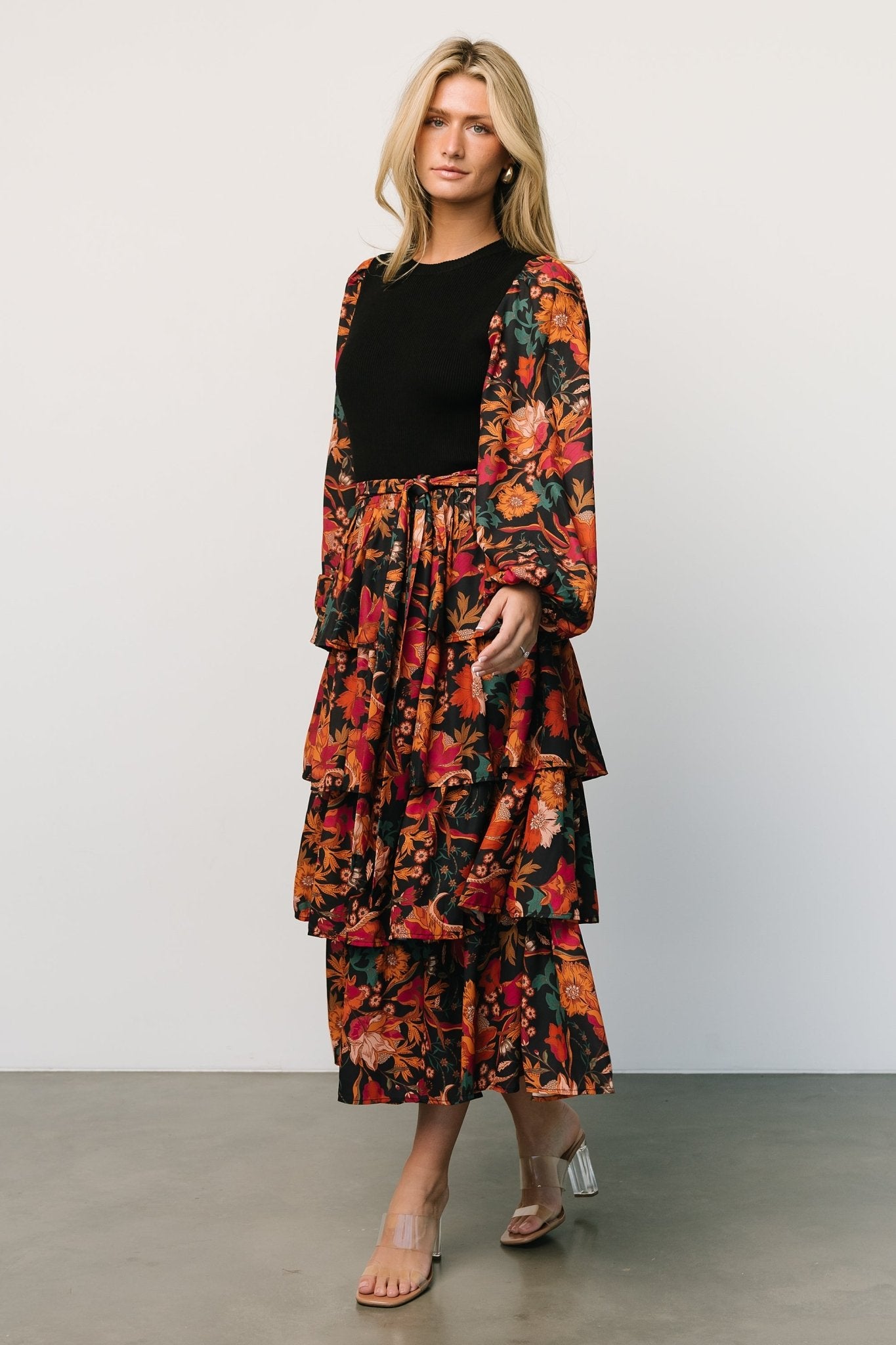 Sylvie Tiered Midi Dress | Black Multi - Baltic Born