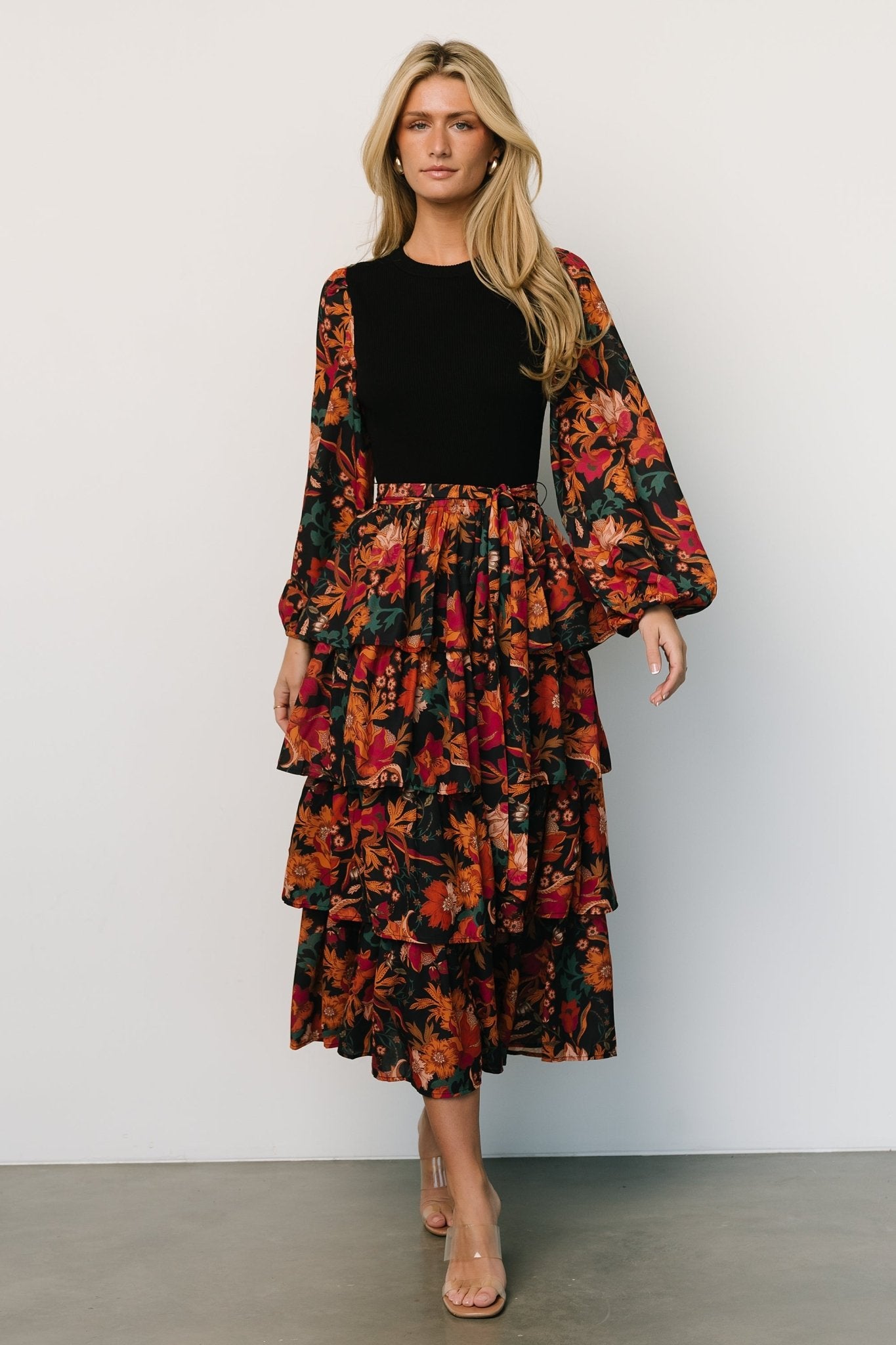 Baltic Born Womens Sylvie Tiered Midi Dress | Black Multi | Size: Small Baltic Born Womens Sylvie Tiered Midi Dress | Black Multi | Size: Small