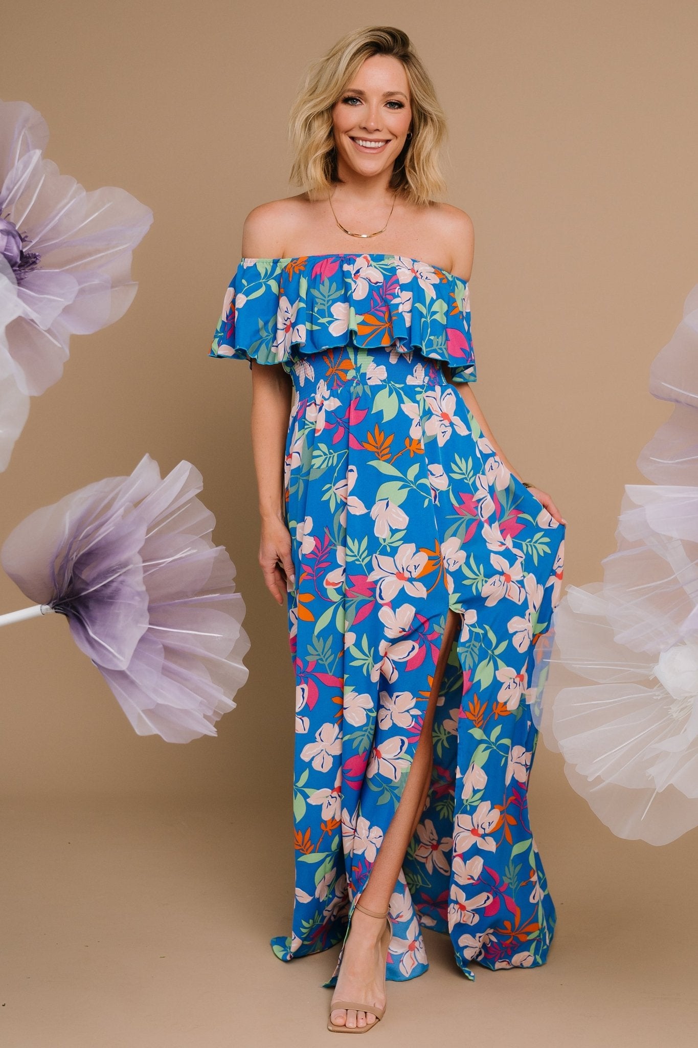 Talia Off Shoulder Maxi Dress | Blue Floral - Baltic Born