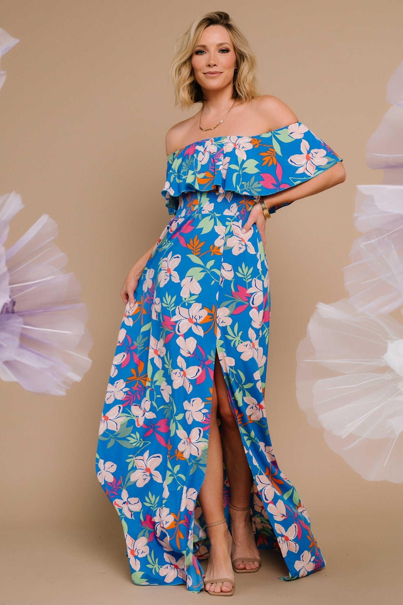 Talia Off Shoulder Maxi Dress | Blue Floral - Baltic Born