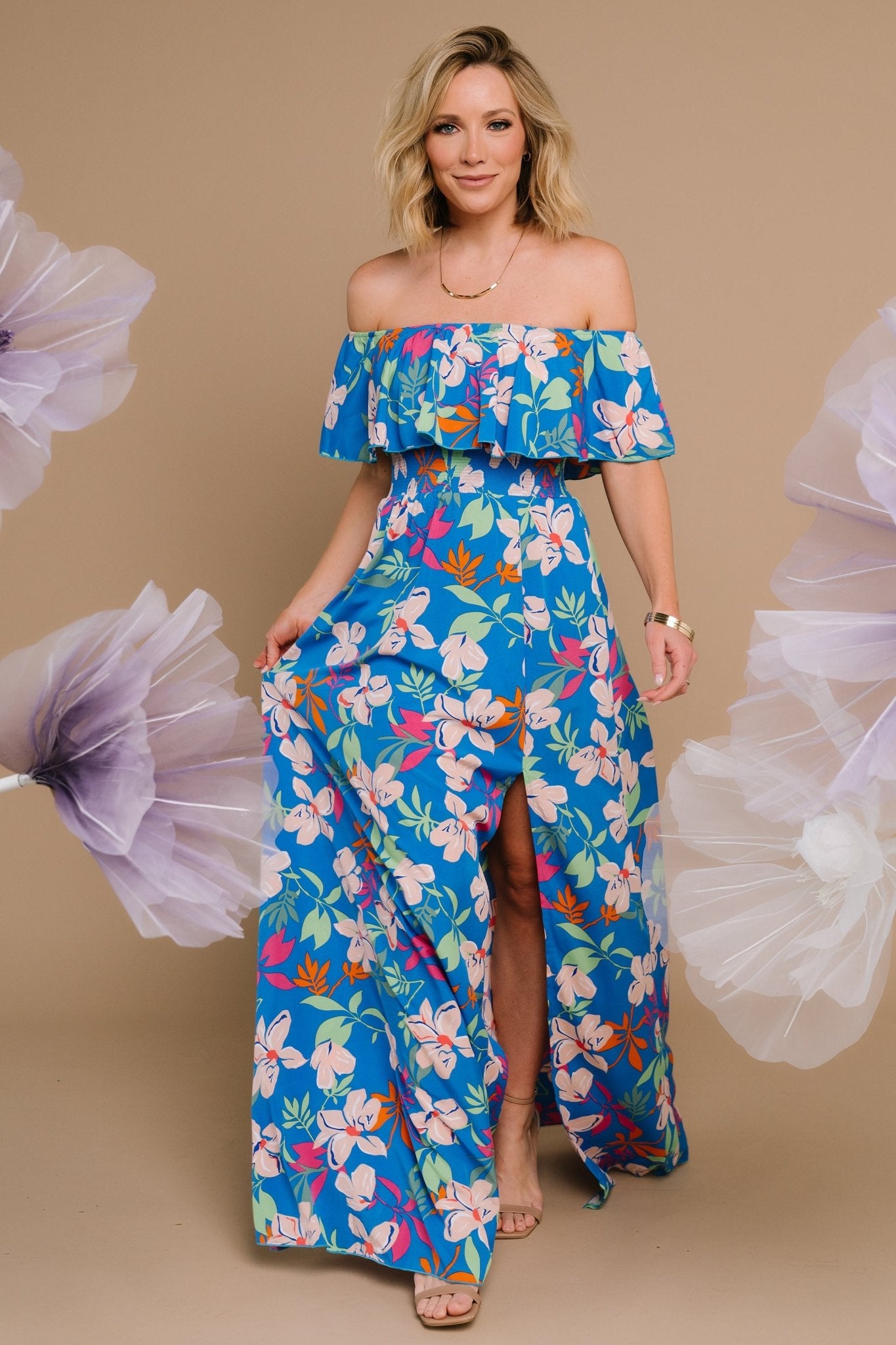 Talia Off Shoulder Maxi Dress | Blue Floral - Baltic Born