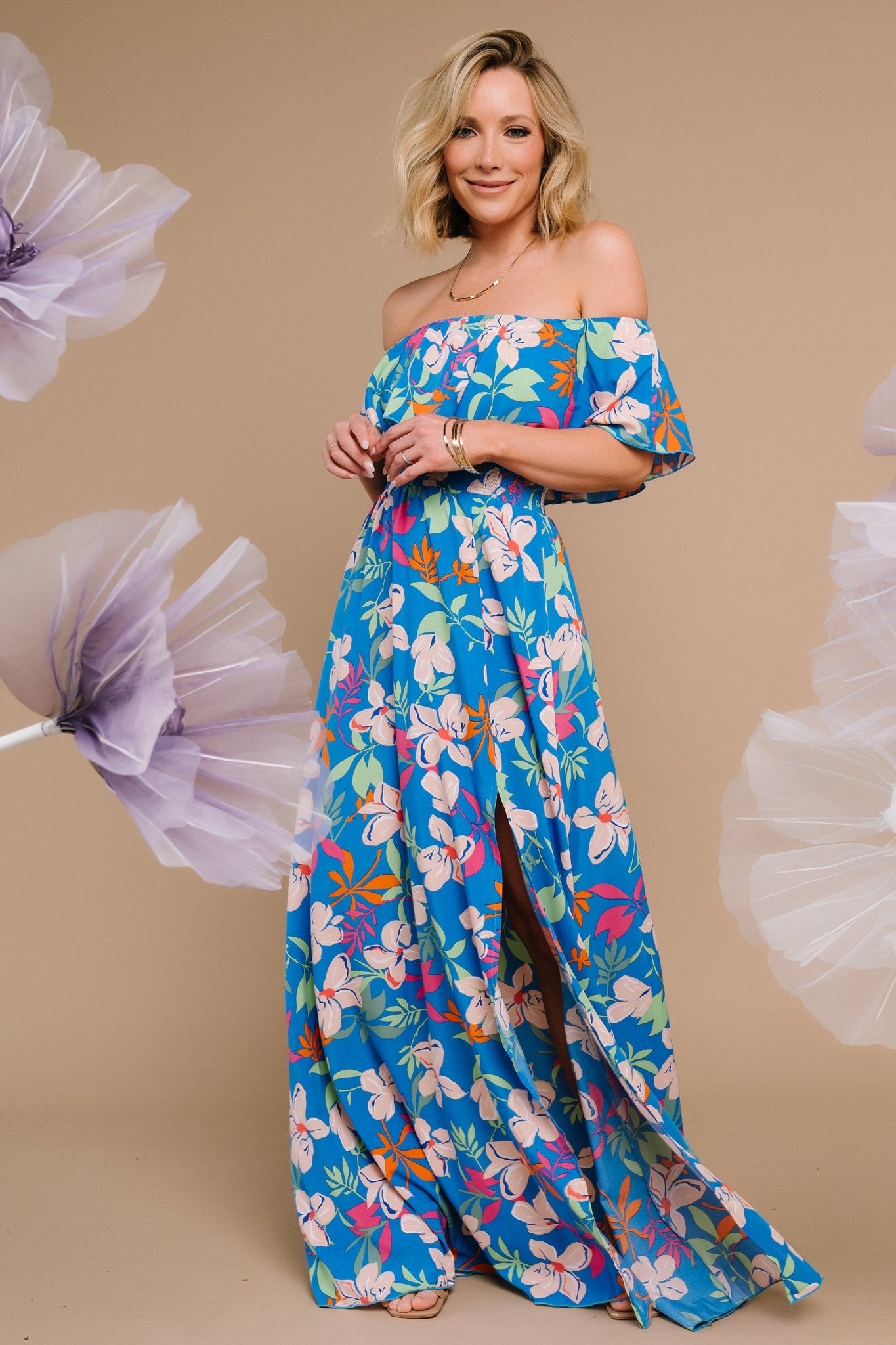 Talia Off Shoulder Maxi Dress | Blue Floral - Baltic Born