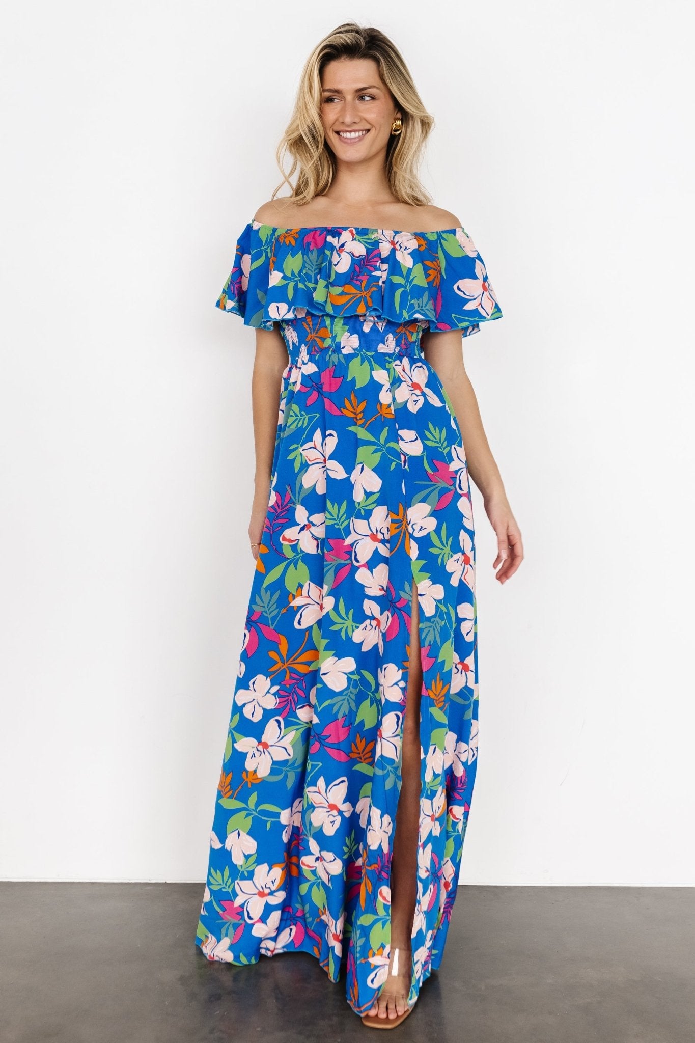 Talia Off Shoulder Maxi Dress | Blue Floral - Baltic Born