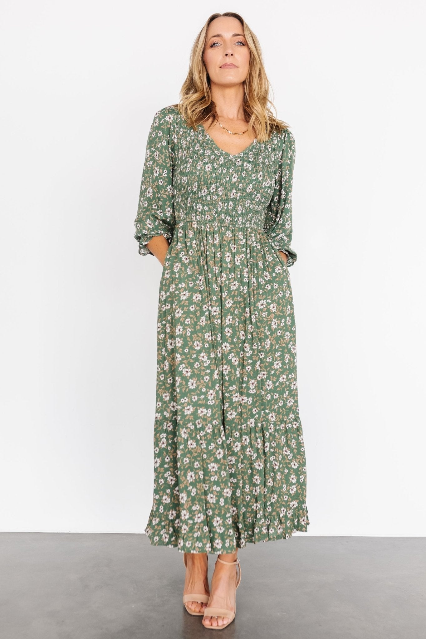 Tarryn Smocked Midi Dress | Olive Floral - Baltic Born