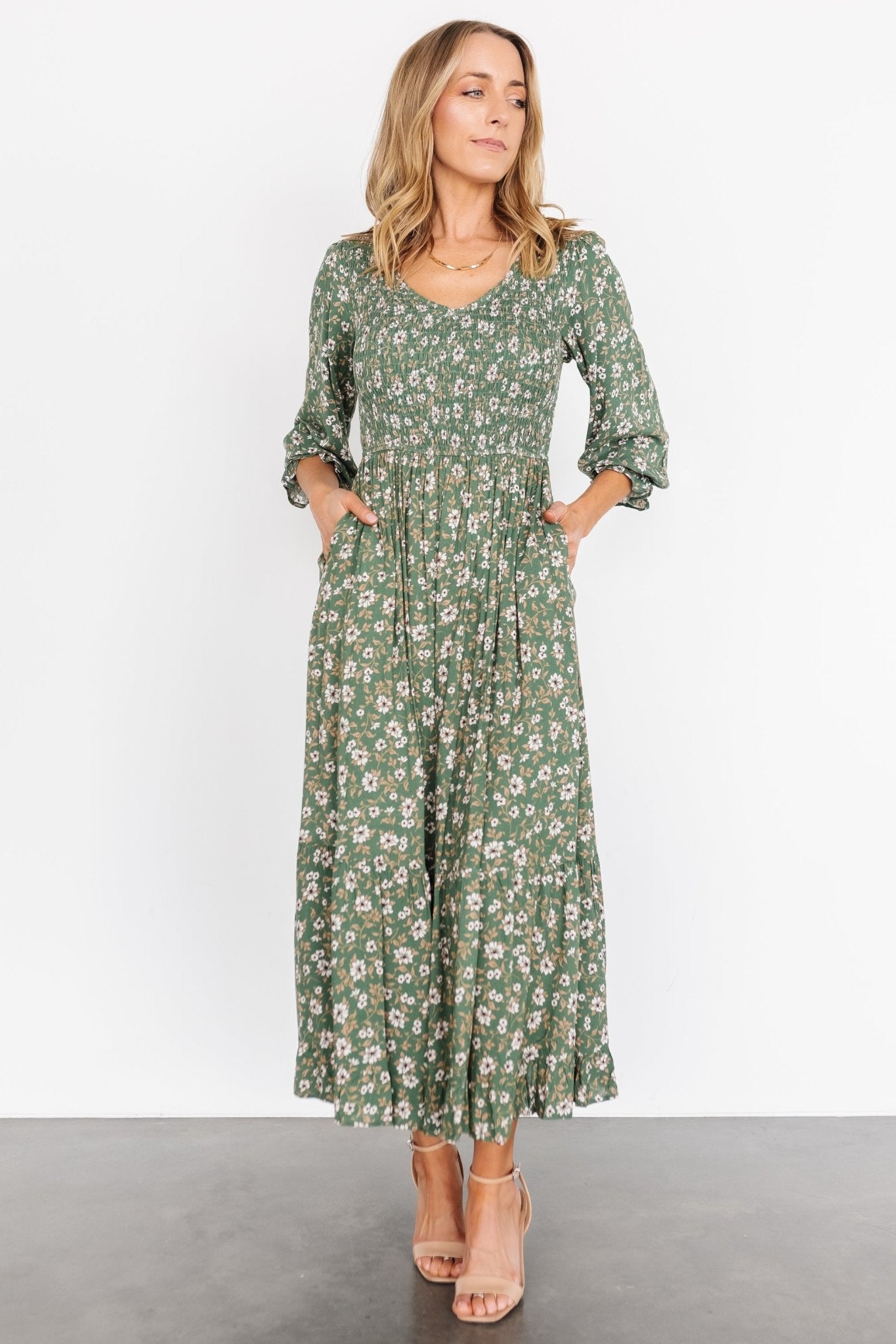 Tarryn Smocked Midi Dress | Olive Floral - Baltic Born