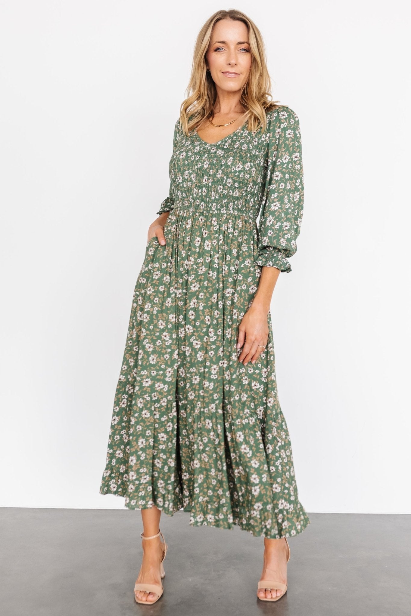 Tarryn Smocked Midi Dress | Olive Floral - Baltic Born