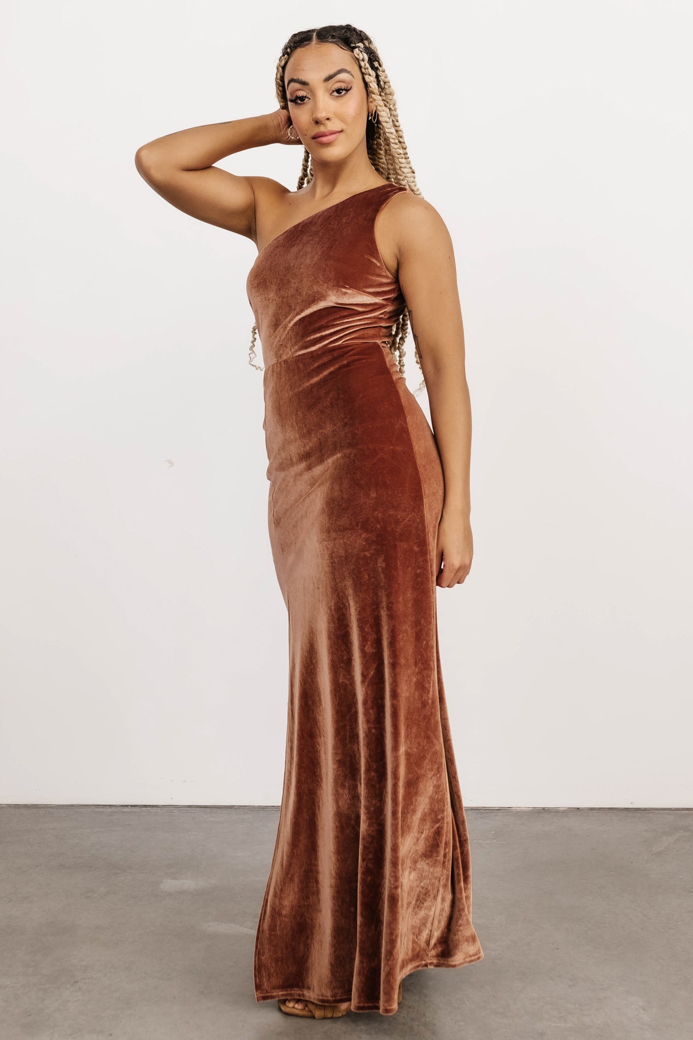 Tatiana Velvet One Shoulder Maxi Dress | Bronze - Baltic Born