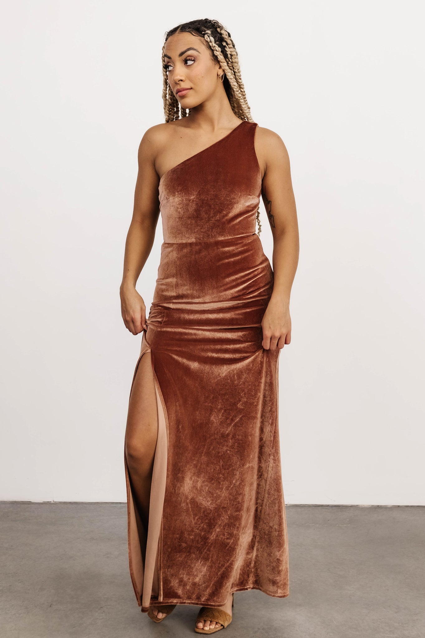 Tatiana Velvet One Shoulder Maxi Dress | Bronze - Baltic Born