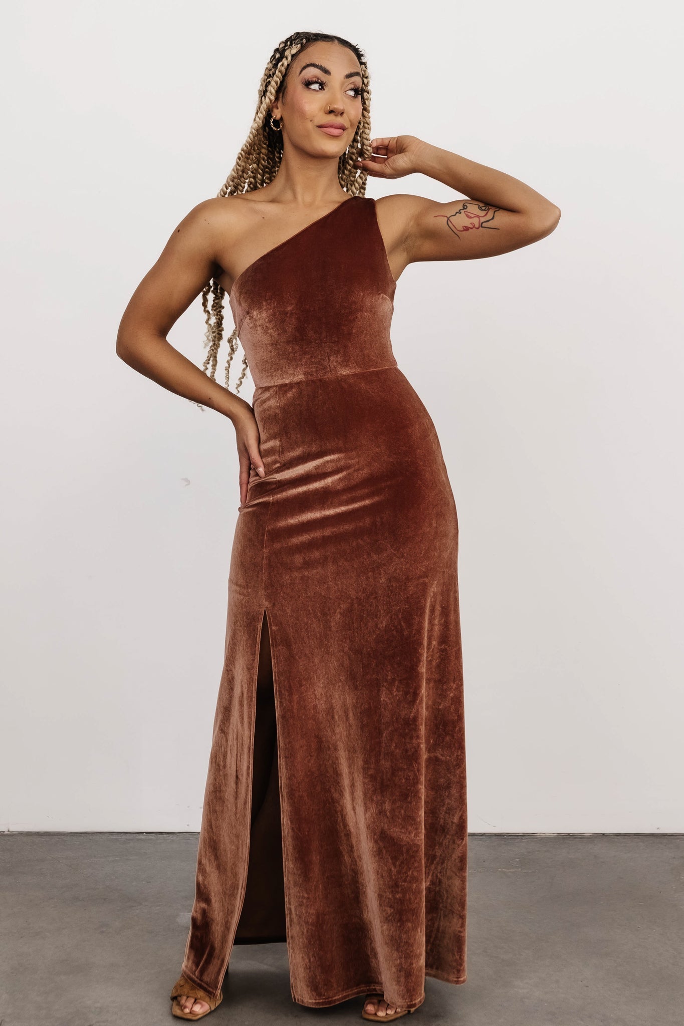 Tatiana Velvet One Shoulder Maxi Dress | Bronze - Baltic Born