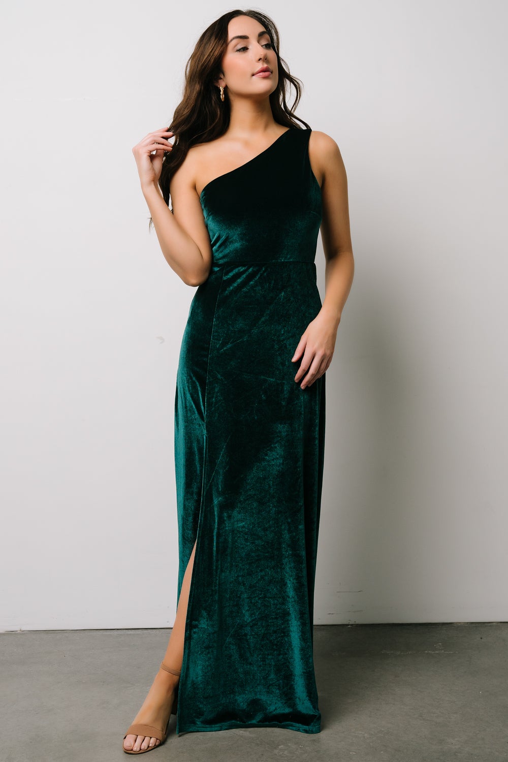 Tatiana Velvet One Shoulder Maxi Dress Emerald Baltic Born