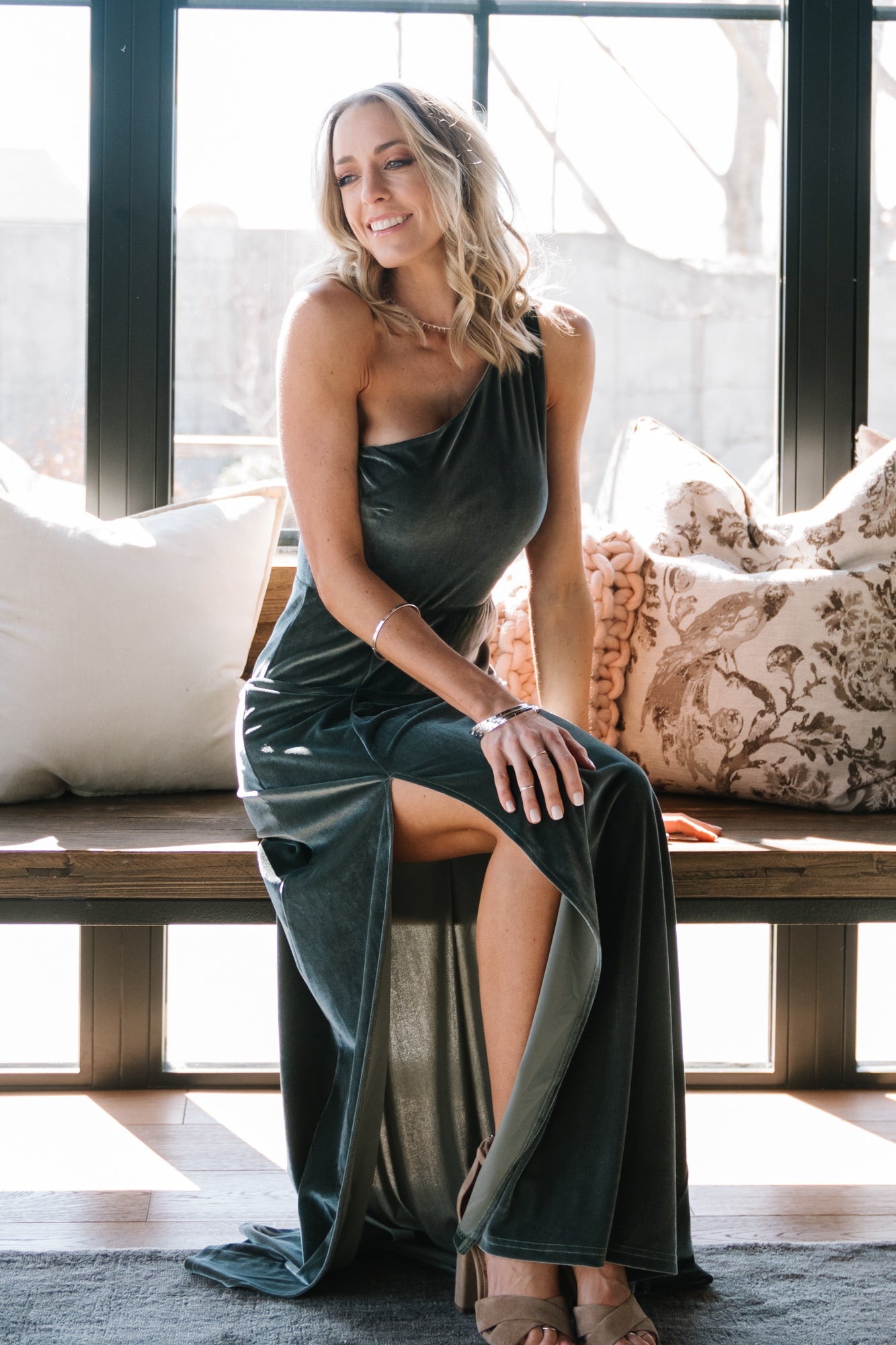 Tatiana Velvet One Shoulder Maxi Dress | Eucalyptus - Baltic Born